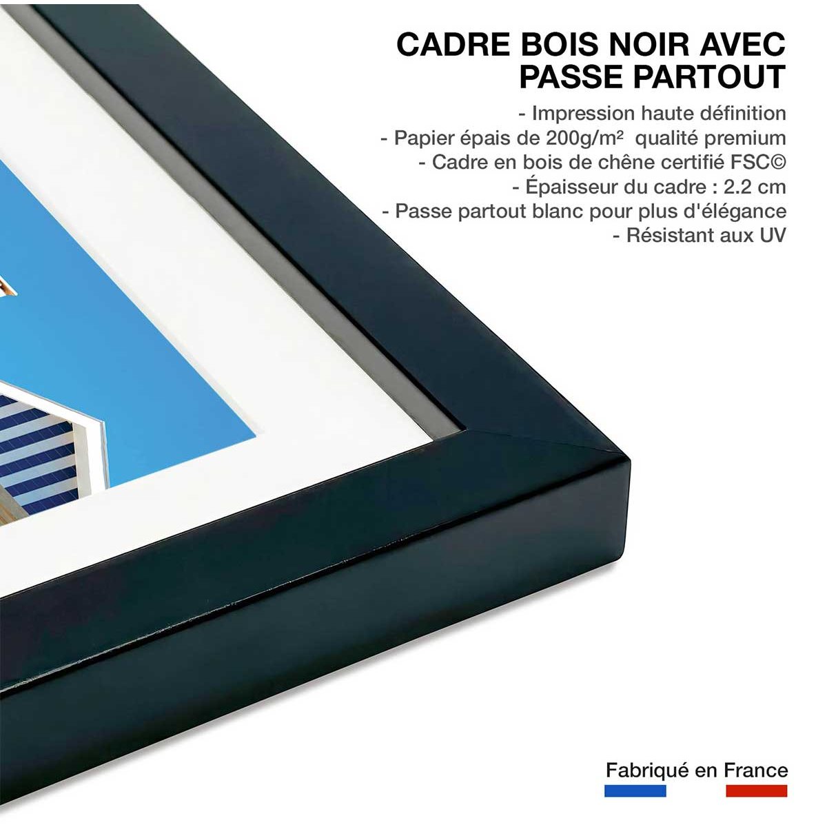 Affiche welcometoportugal houses of striped colors affiche + cadre en bois - noir, HEXOA