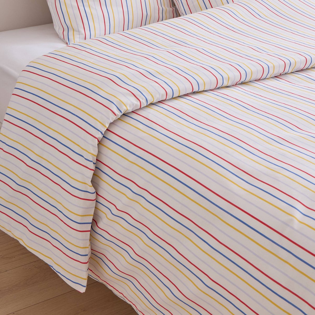 Lot avec housse de couette et deux taies d'oreiller carrées imprimé rayé, 240x220cm et 63x63cm, 100% coton bio GOTS off white, MONOPRIX