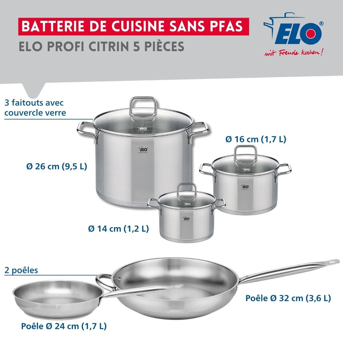Batterie 2 poêles 24/32cm + 3 faitouts 14/16/26cm PROFI CITRIN gris, ELO