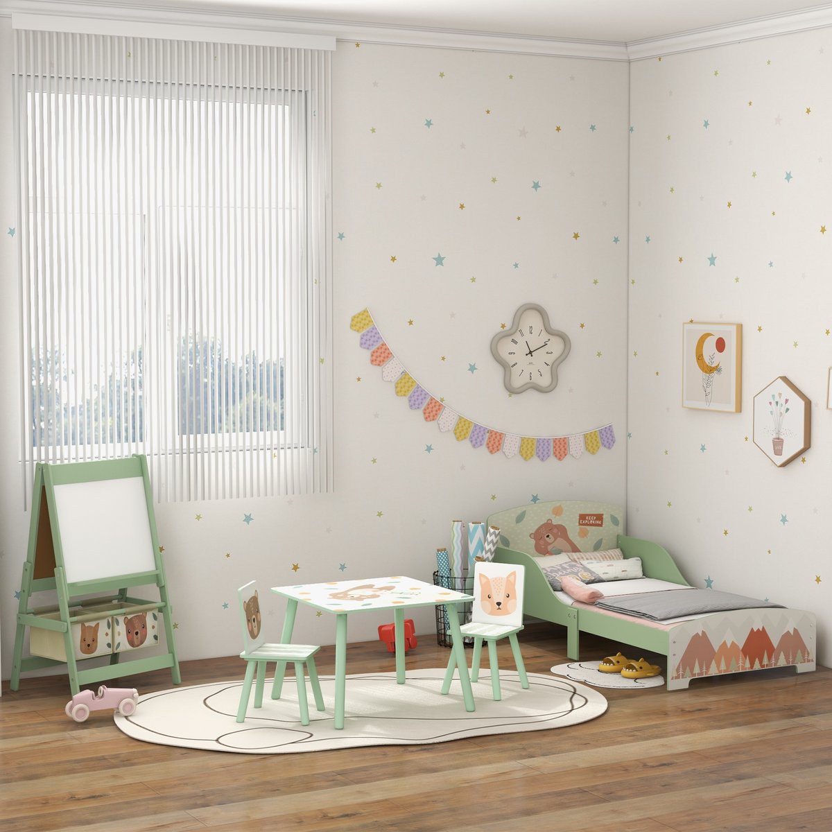 Ensemble table et chaises pour enfants Bois vert avec motifs animaux, ZONEKIZ