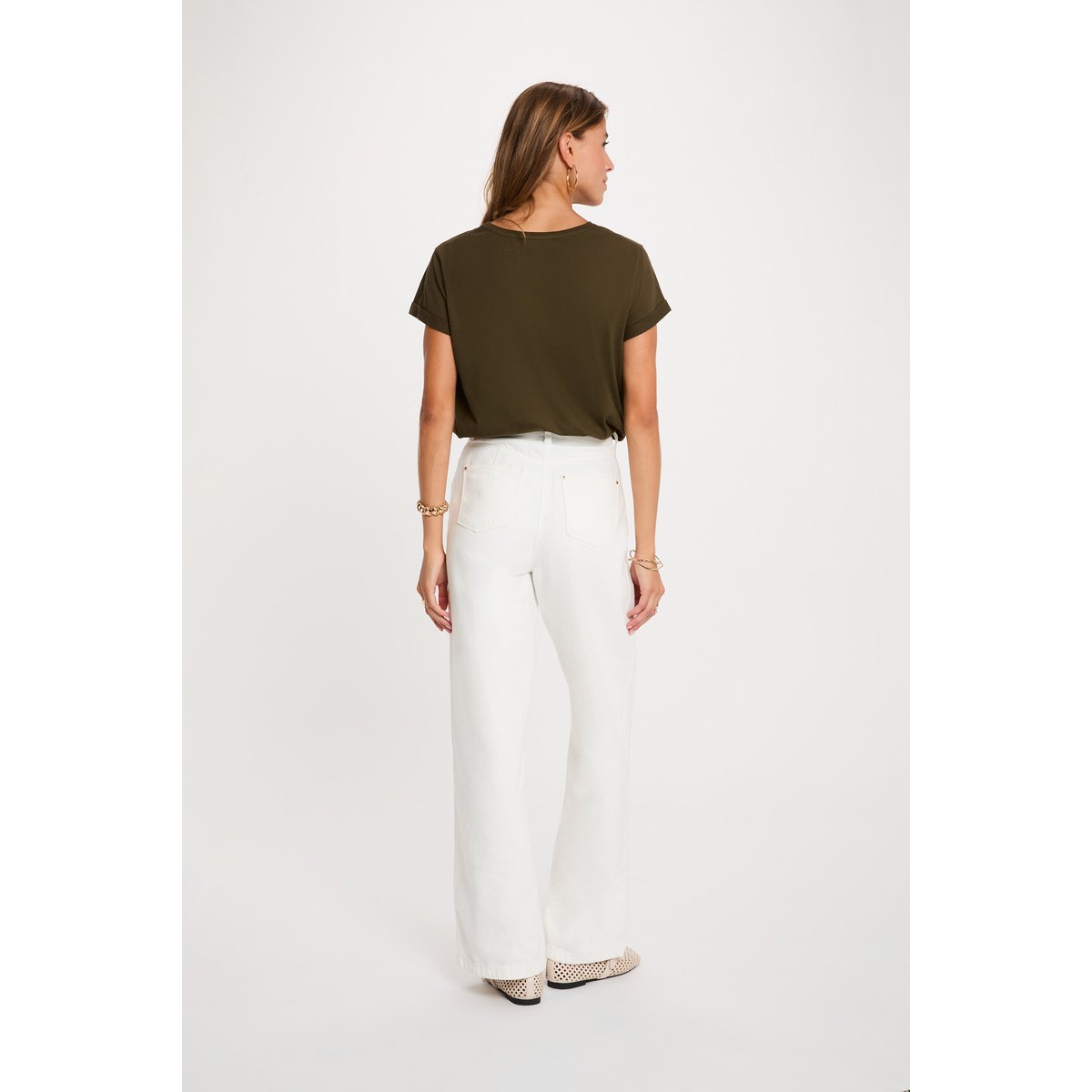 T-shirt col rond manches courtes vert kaki, MORGAN
