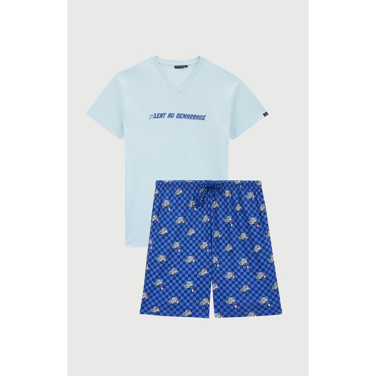 Pyjashort en jersey de coton léger imprimé Lent au démarrage bleu, ARTHUR