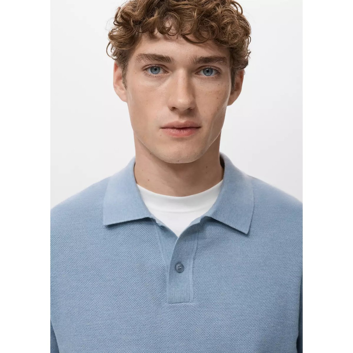 Pull-over polo coton microstructure bleu ciel, MANGO MAN