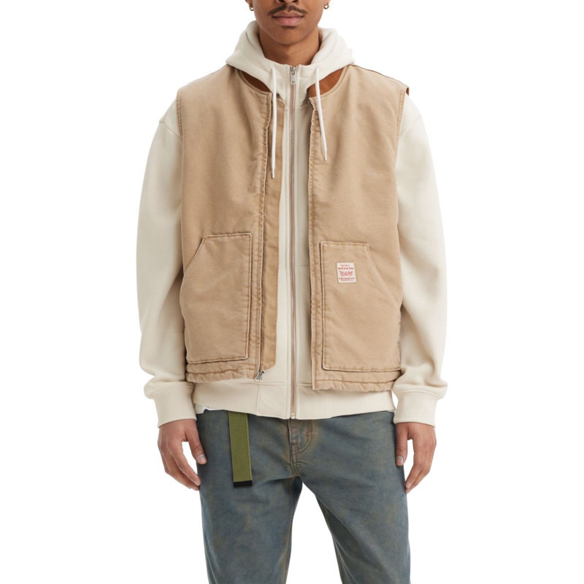 Veste sans manches en coton beige unie avec un col bomber et des grandes poches beige, LEVI'S