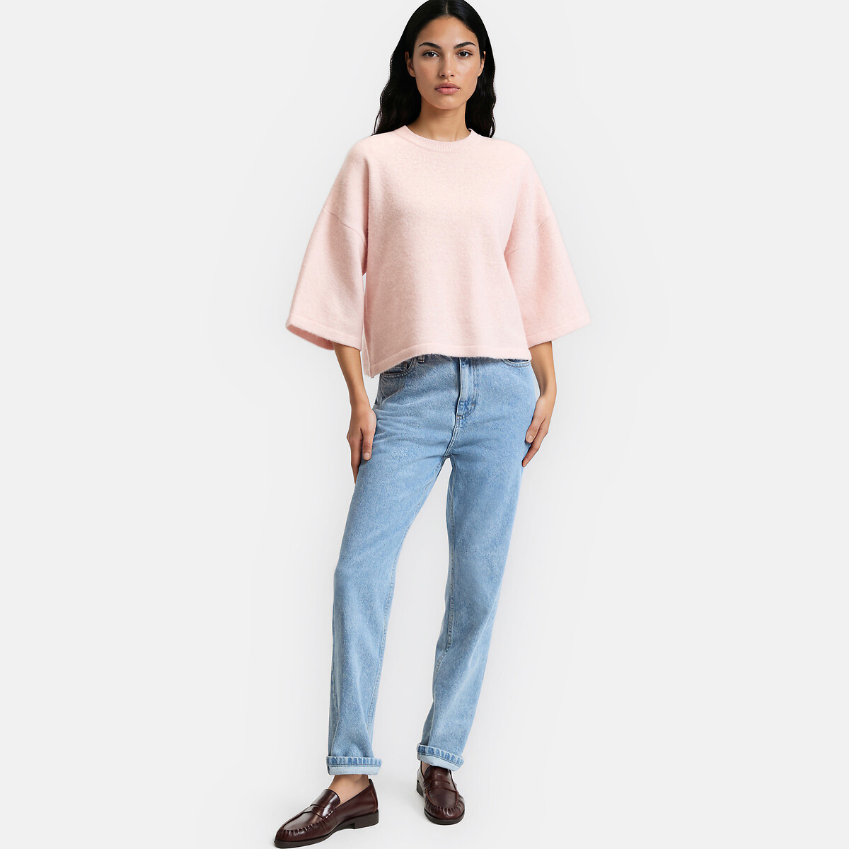 Jersey amplio de cuello redondo y manga corta rosa claro, LA REDOUTE COLLECTIONS