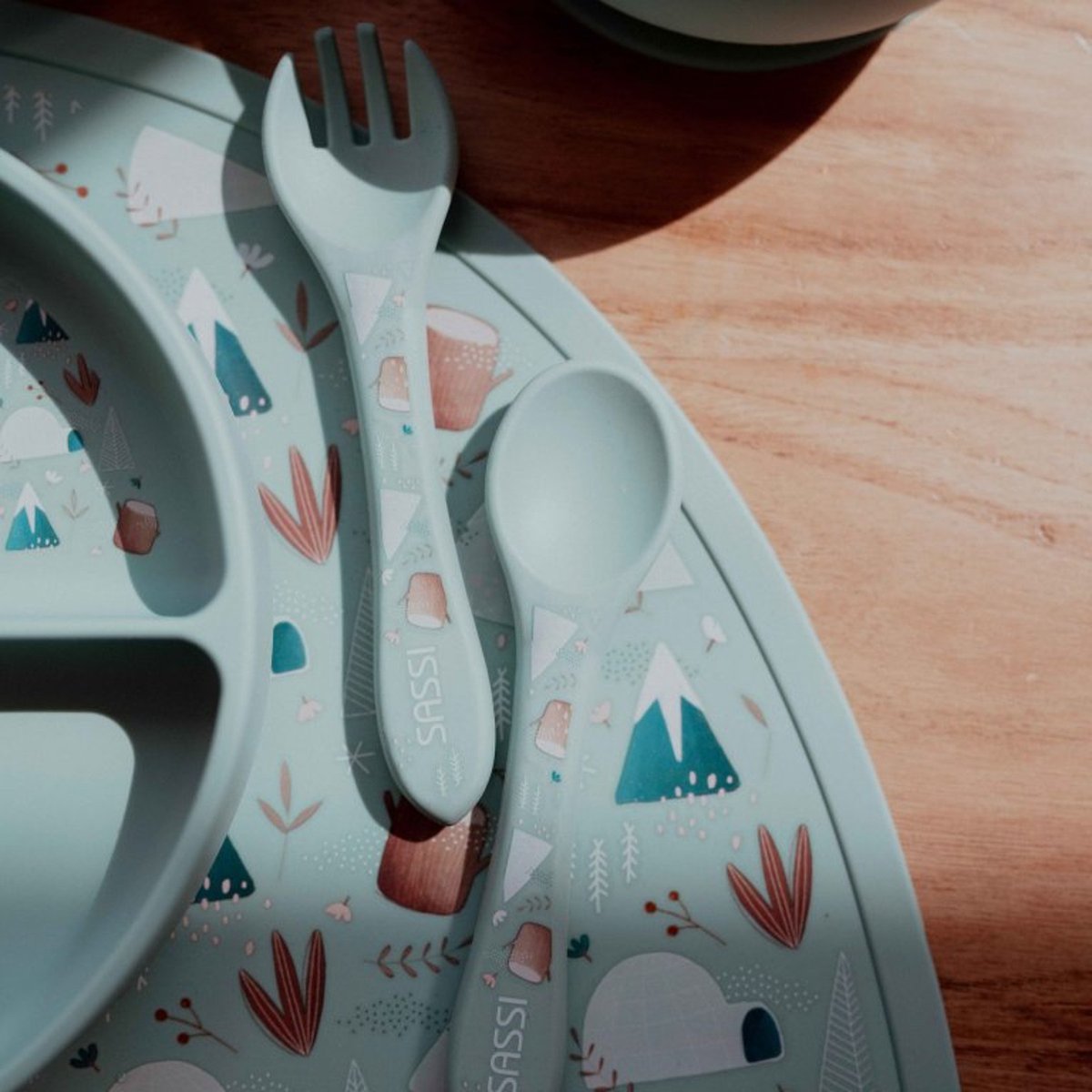Set fourchette et cuillère en silicone ANIMAUX menthe, SASSI