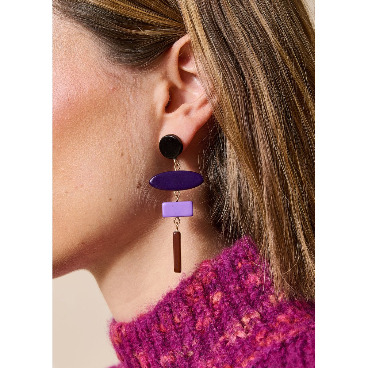 Boucles d'oreilles pendantes géométriques viola/tandoori, LA FEE MARABOUTEE