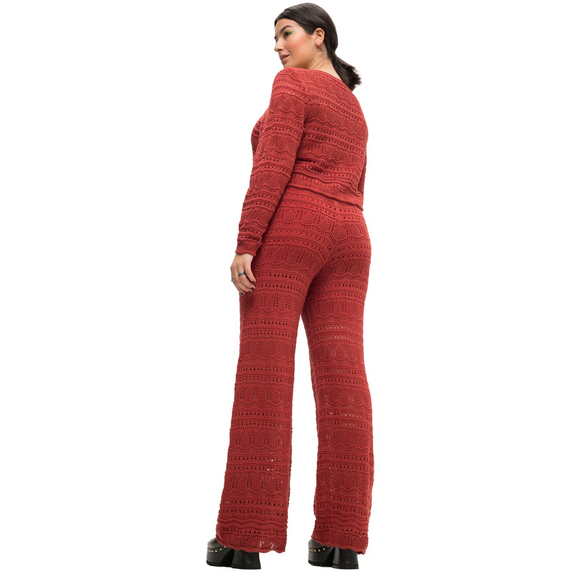 Pantalon en maille ajourée à coupe large rouge brique, STUDIO UNTOLD