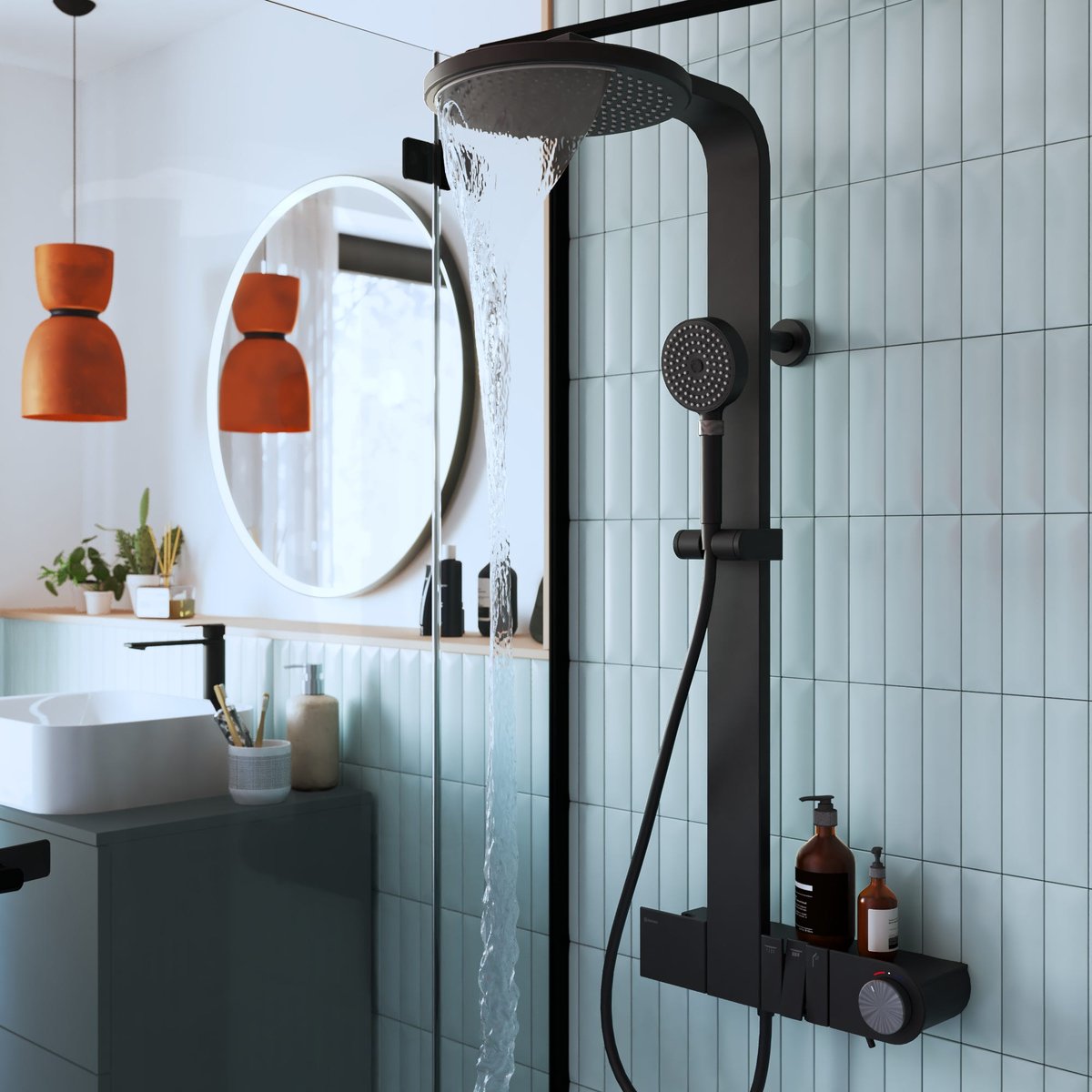 Colonne de douche thermostatique et étagère, NEO noir, SENSEA