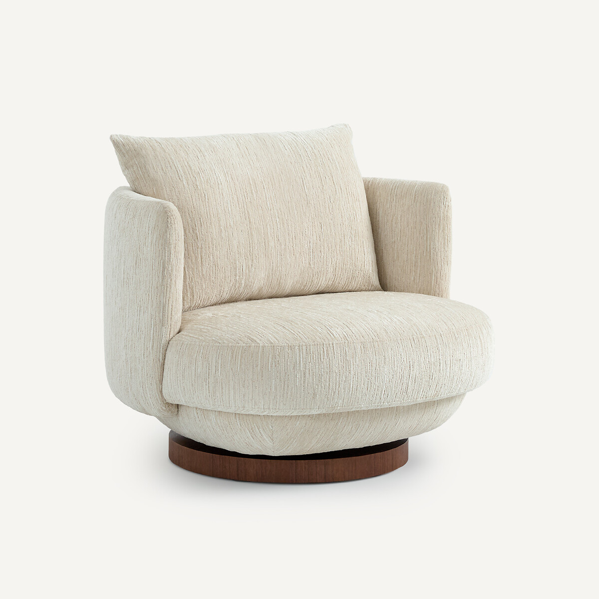 Fauteuil pivotant en velours texturé et plaqué noyer, ROSEO ecru, AM.PM