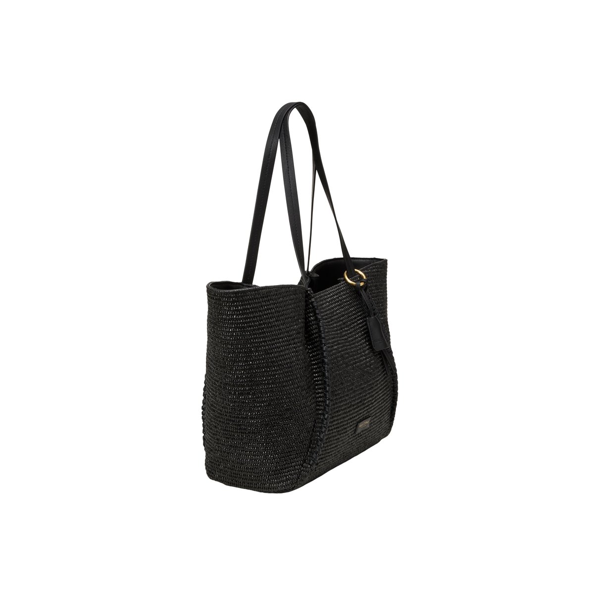 Shopper en raphia large avec détails élégants en cuir véritable noir, MARC O'POLO