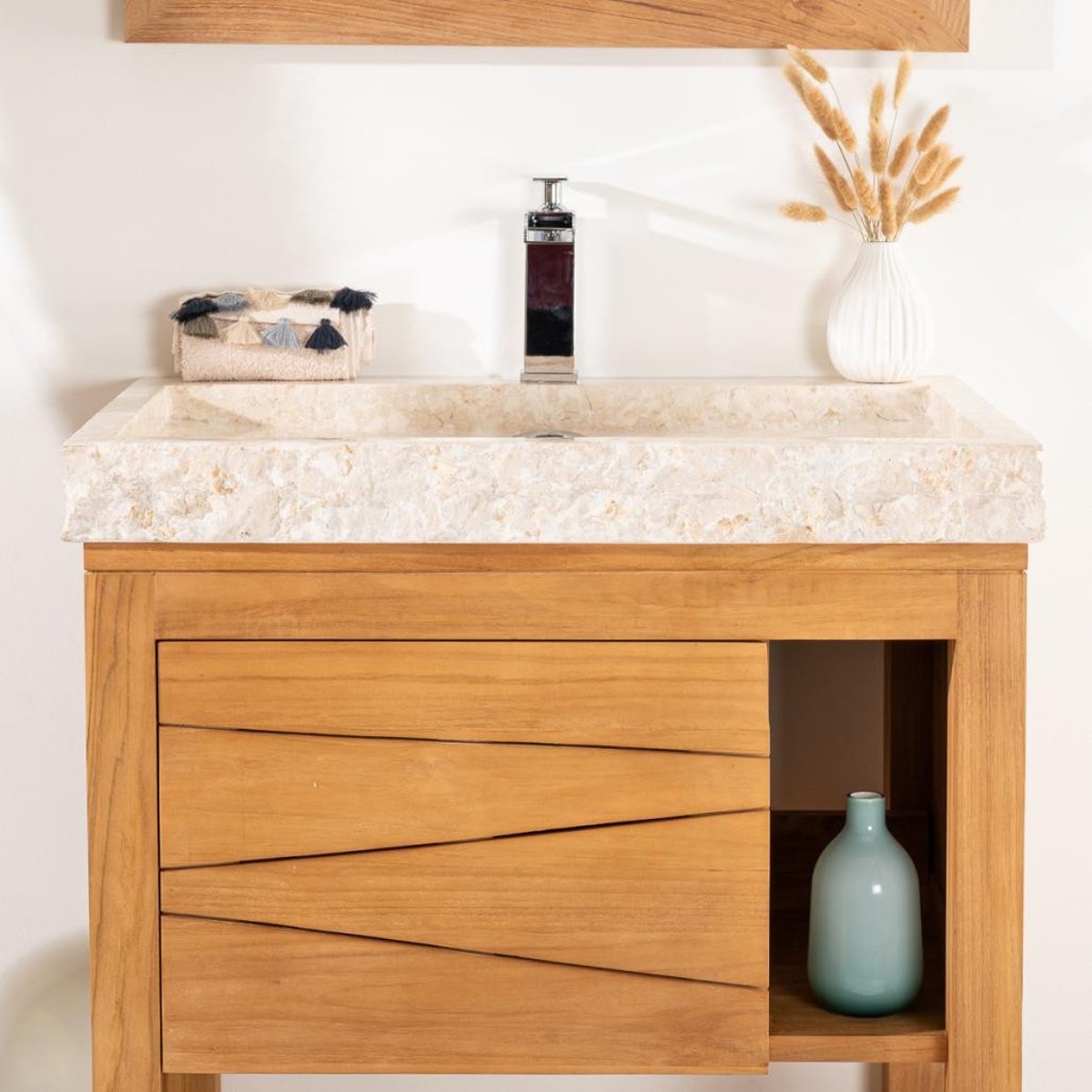 Meuble en teck massif rectangle + vasque 67cm COSY crème, WANDA COLLECTION
