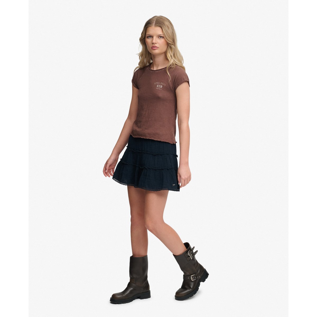 Mini-jupe étagée en gaze bleu marine éclipse, SUPERDRY