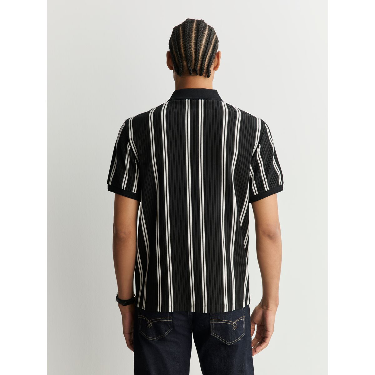 Polo semi-zippé à rayures verticales noir/blanc, NEXT