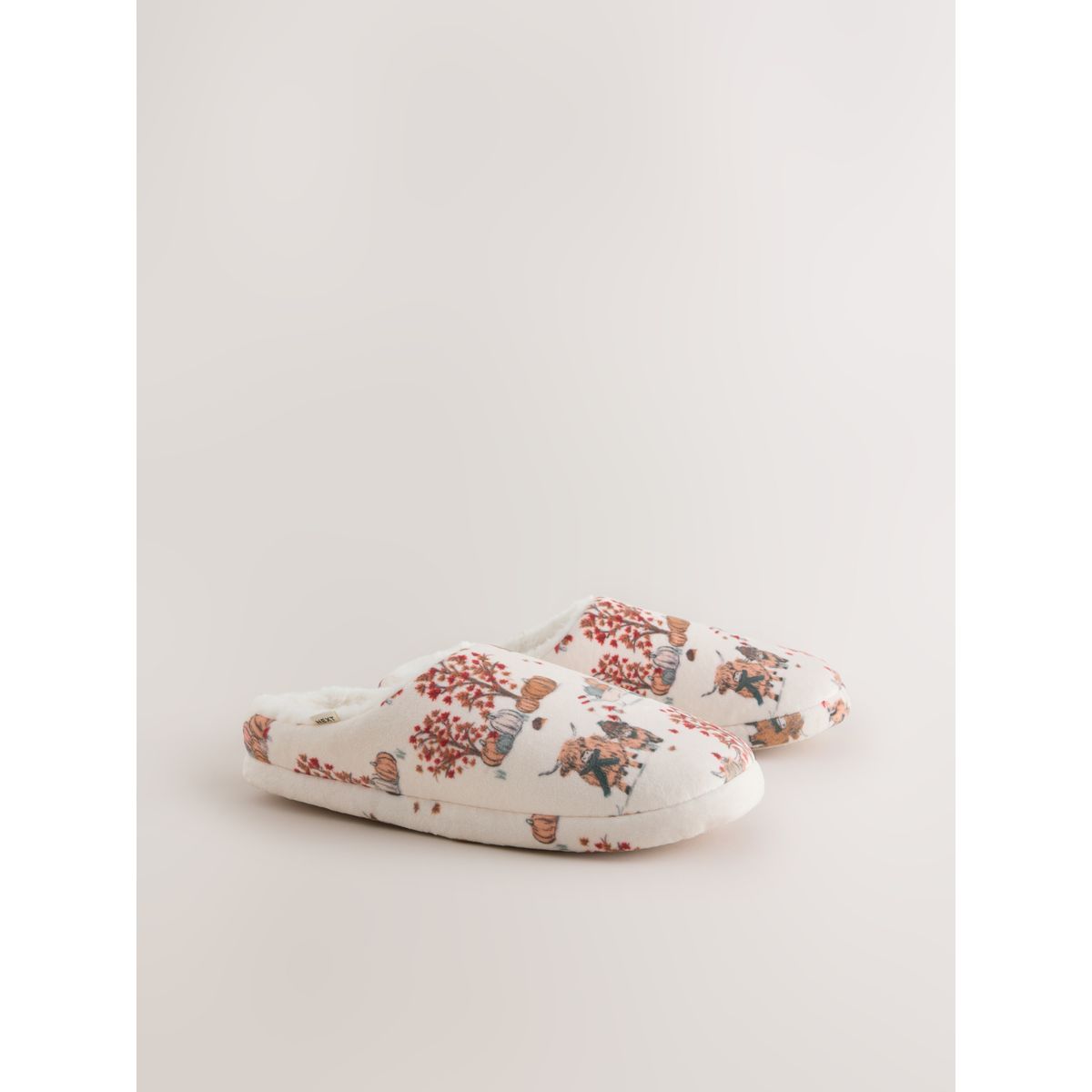 Chaussons mules imprimés effet pelucheux crème/orange, NEXT