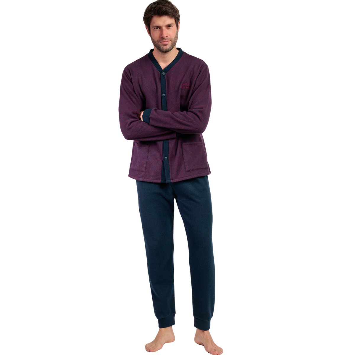 Pyjama pantalon chemise manches longues Claret bordeaux, ADMAS