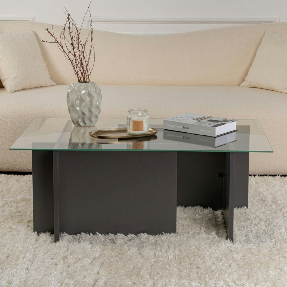 Table basse en verre, pied asymétrique SALTA anthracite, PIER IMPORT