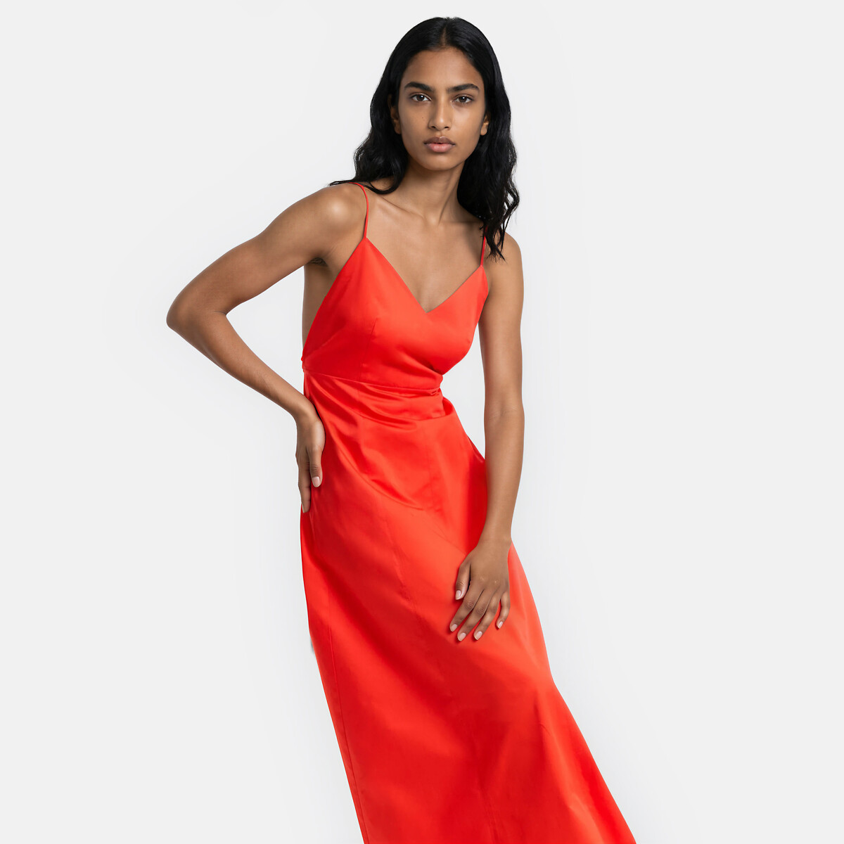 Lange jurk met V-hals en dunne schouderbandjes oranjerood, LA REDOUTE COLLECTIONS