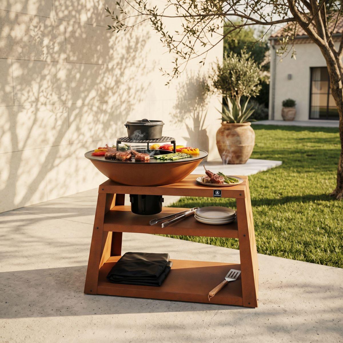 Brasero avec meuble intégré avec accessoires et housse de protection couleur unique, LAGUIOLE CUISSON