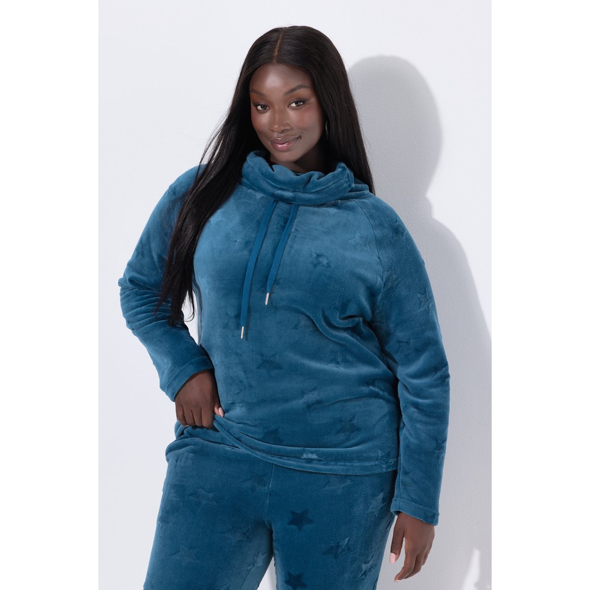 Sweater homewear, étoiles, col droit pétrol, ULLA POPKEN