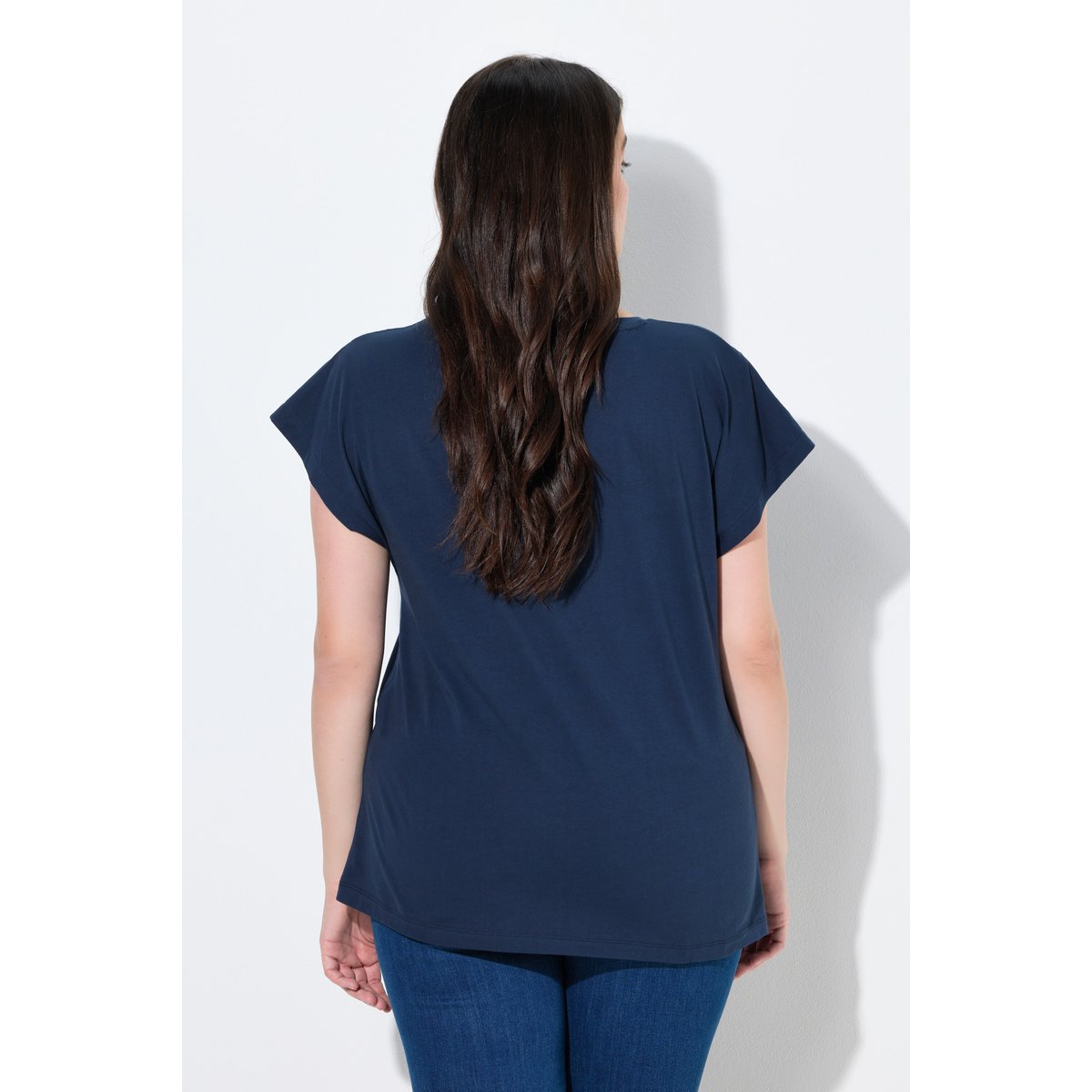 T-shirt en coton bio, empiècement en crochet marine, ULLA POPKEN