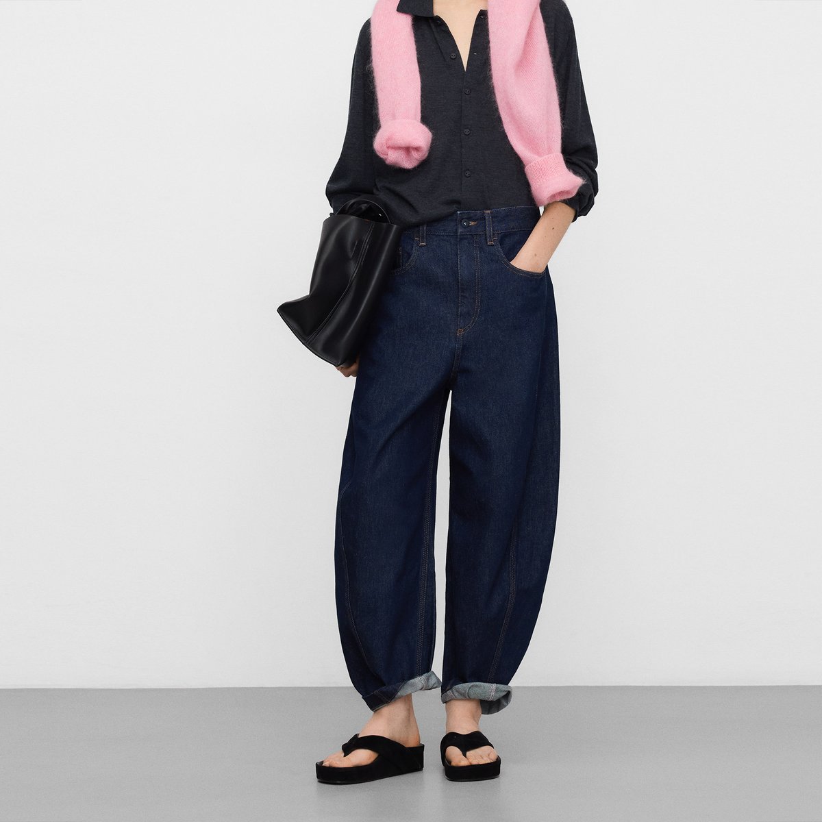 Pantalon coupe barrel en denim de coton bleu marine, ADOLFO DOMINGUEZ