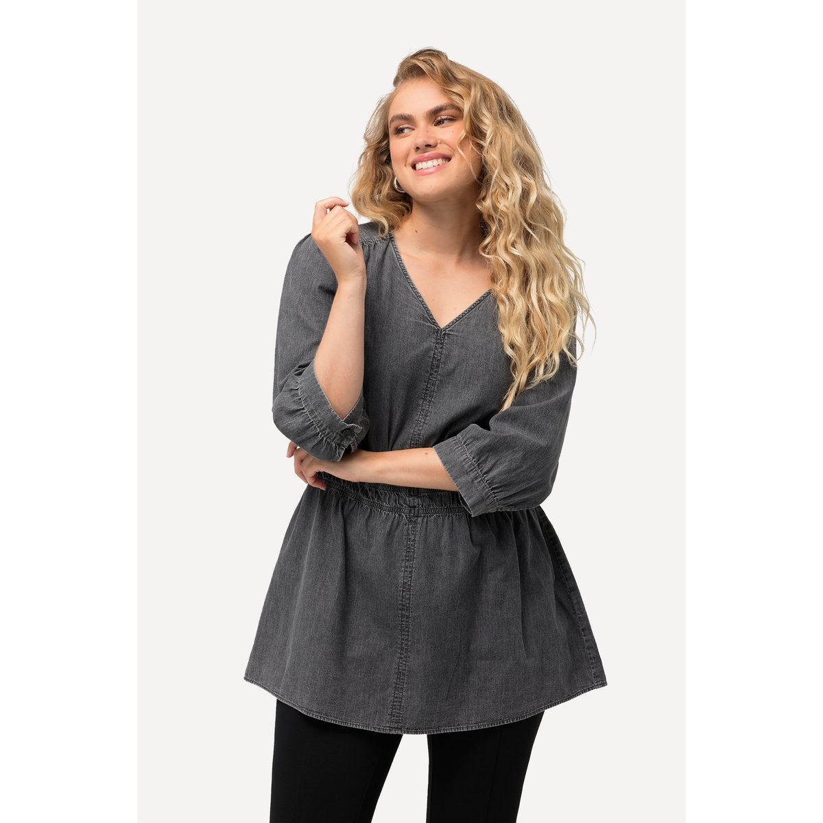 Blouse en jean à col en V et manches 3/4 chiné anthracite, ULLA POPKEN