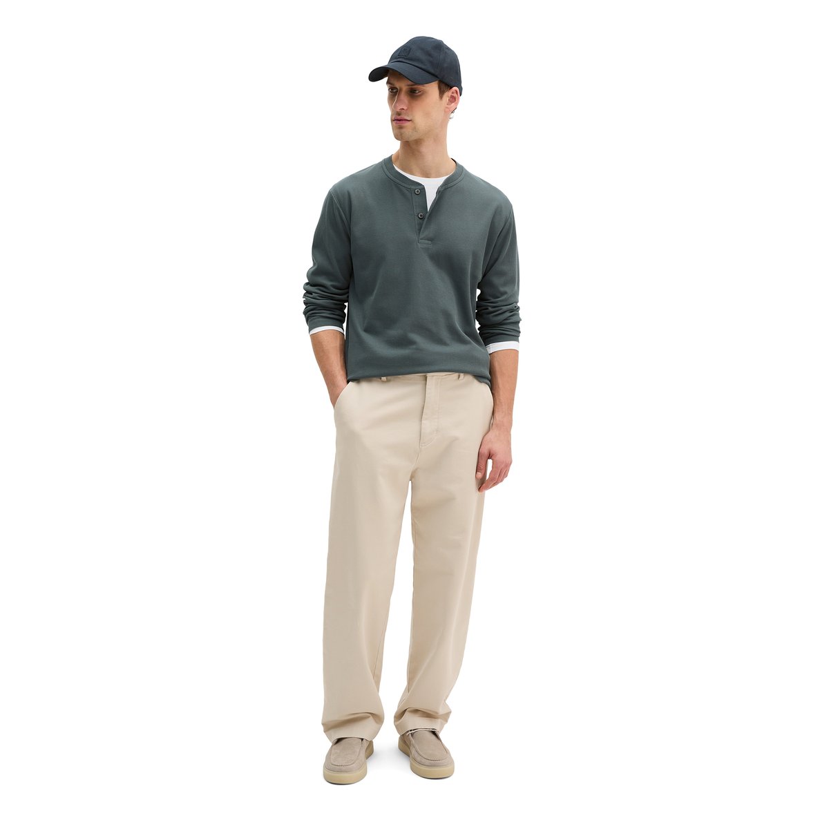 DfC Henley-Longsleeve regular en jersey interlock côtelé gris foncé, MARC O'POLO