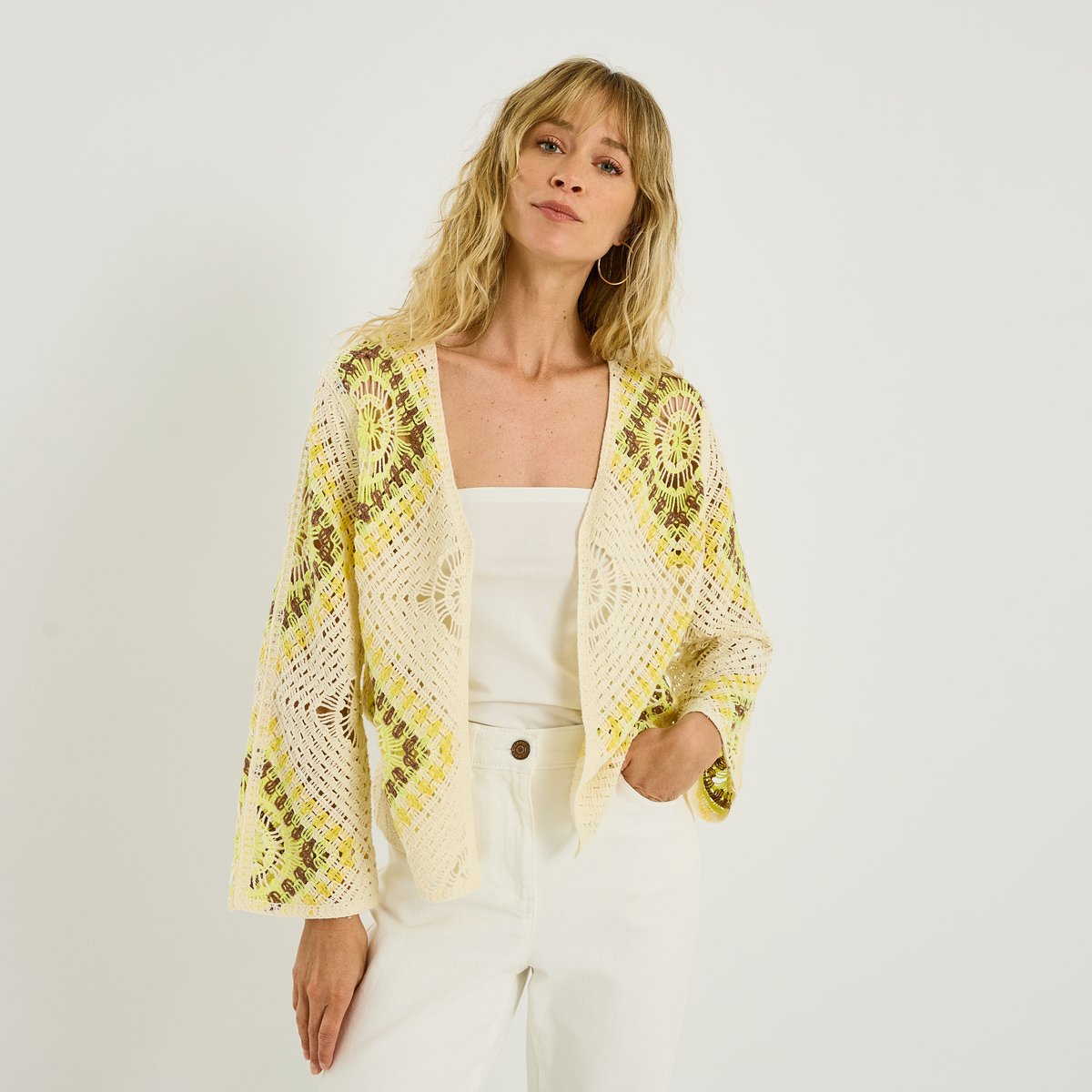 Gilet en crochet blanc cassé ecru, GRAIN DE MALICE