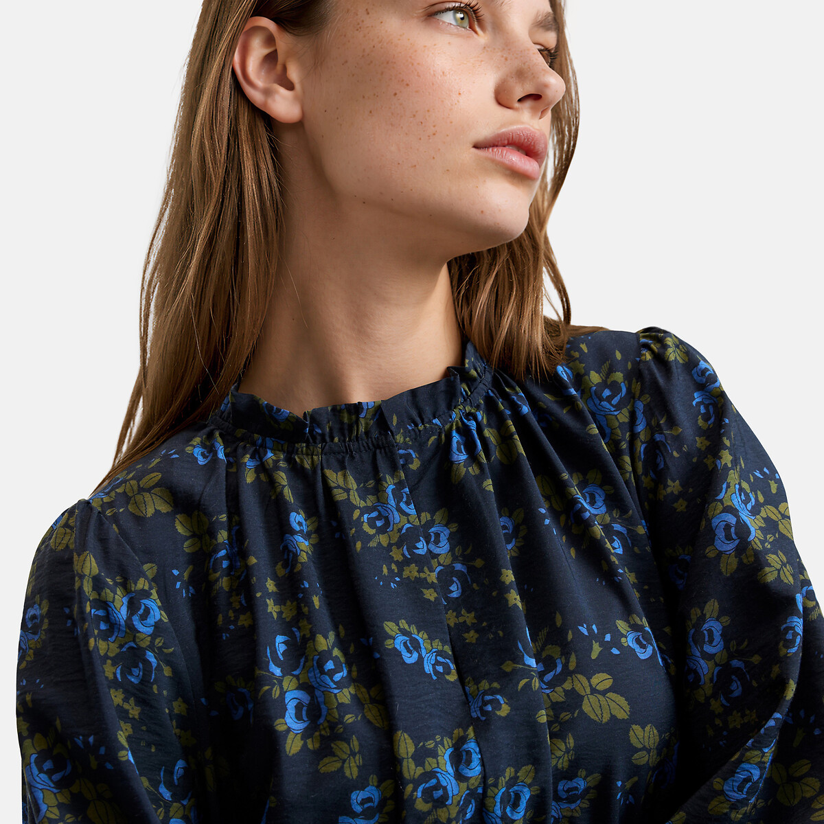 Robe longue imprimé floral à manches longues et col volanté imprimé fleurs fond bleu marine, LA REDOUTE COLLECTIONS
