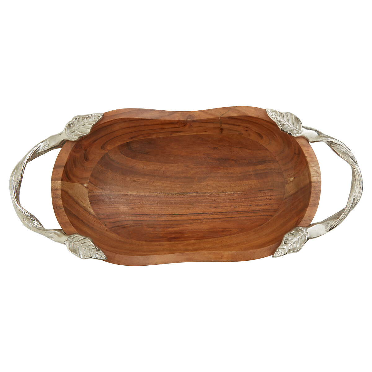 Large Acacia Wood Oval Bowl with Aluminium Leaf Handle brown, SO'HOME