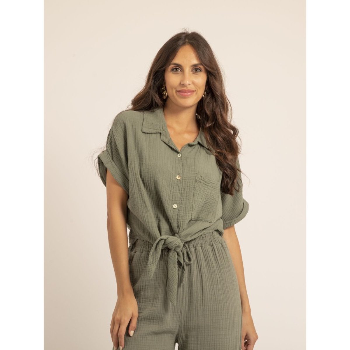 Chemise Manches Courtes Gaze De Coton Odette kaki, DONA LISA