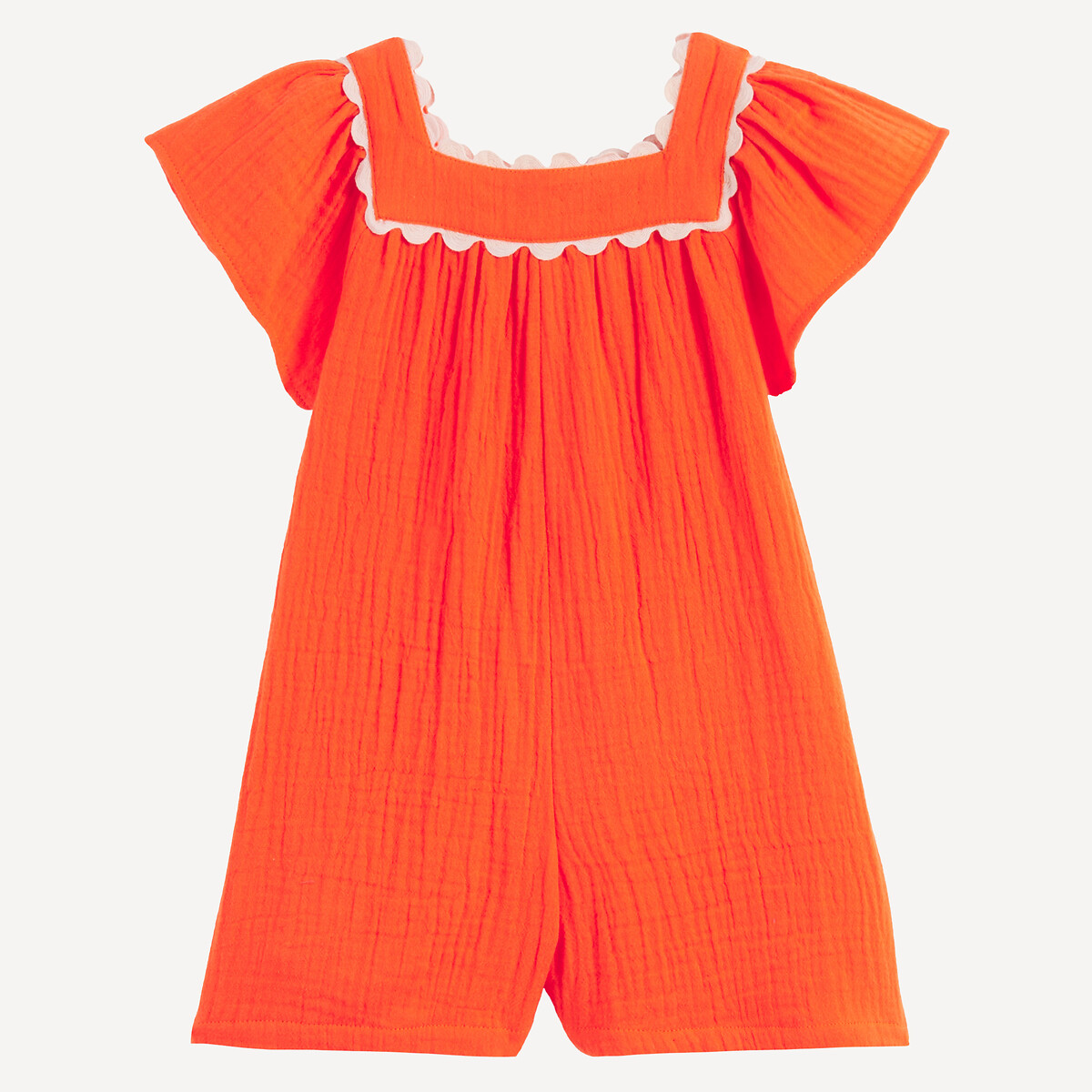 Salopette de cérémonie, à manches courtes volantées, en gaze de coton orange, LA REDOUTE COLLECTIONS