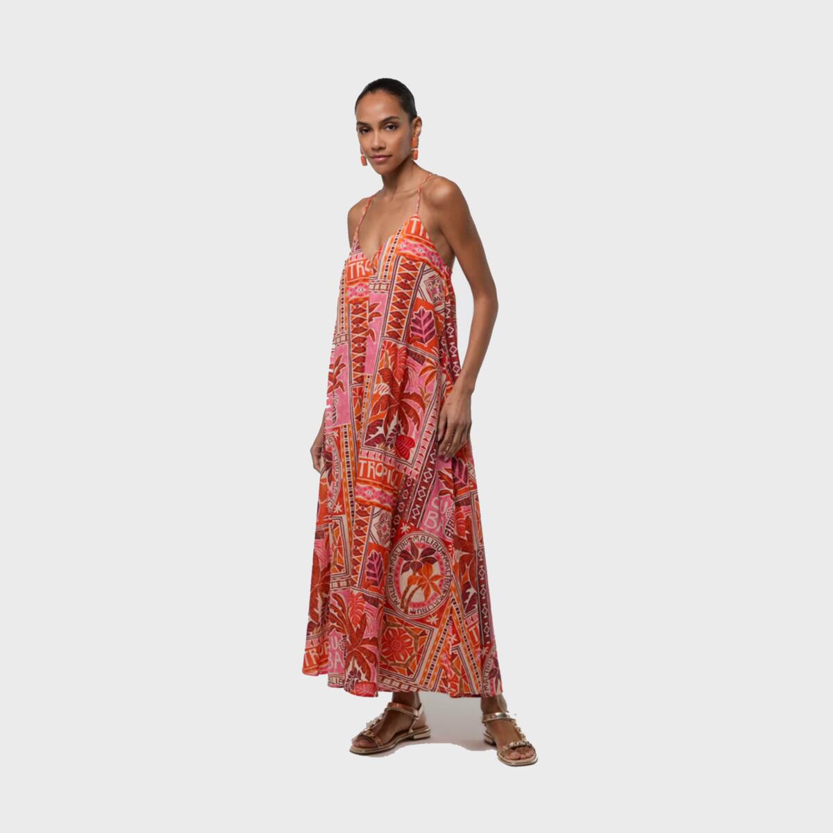 Robe longue imprimée à fines bretelles et coupe fluide corail, LOLA CASADEMUNT