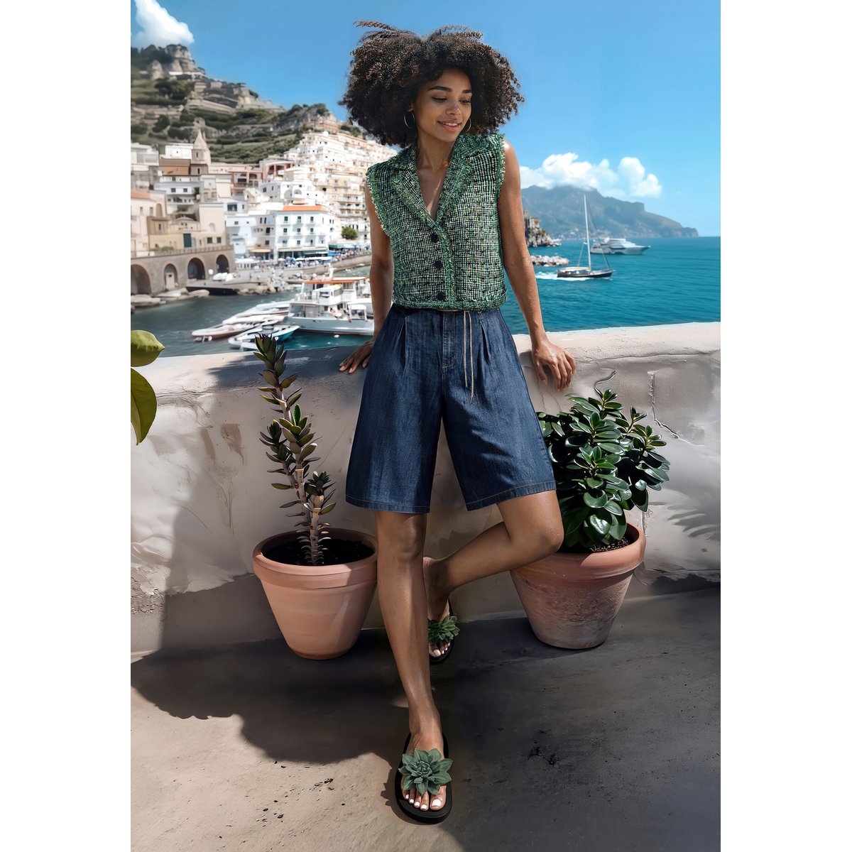 Bermuda à ceinture à nouer bleu, CARTOON