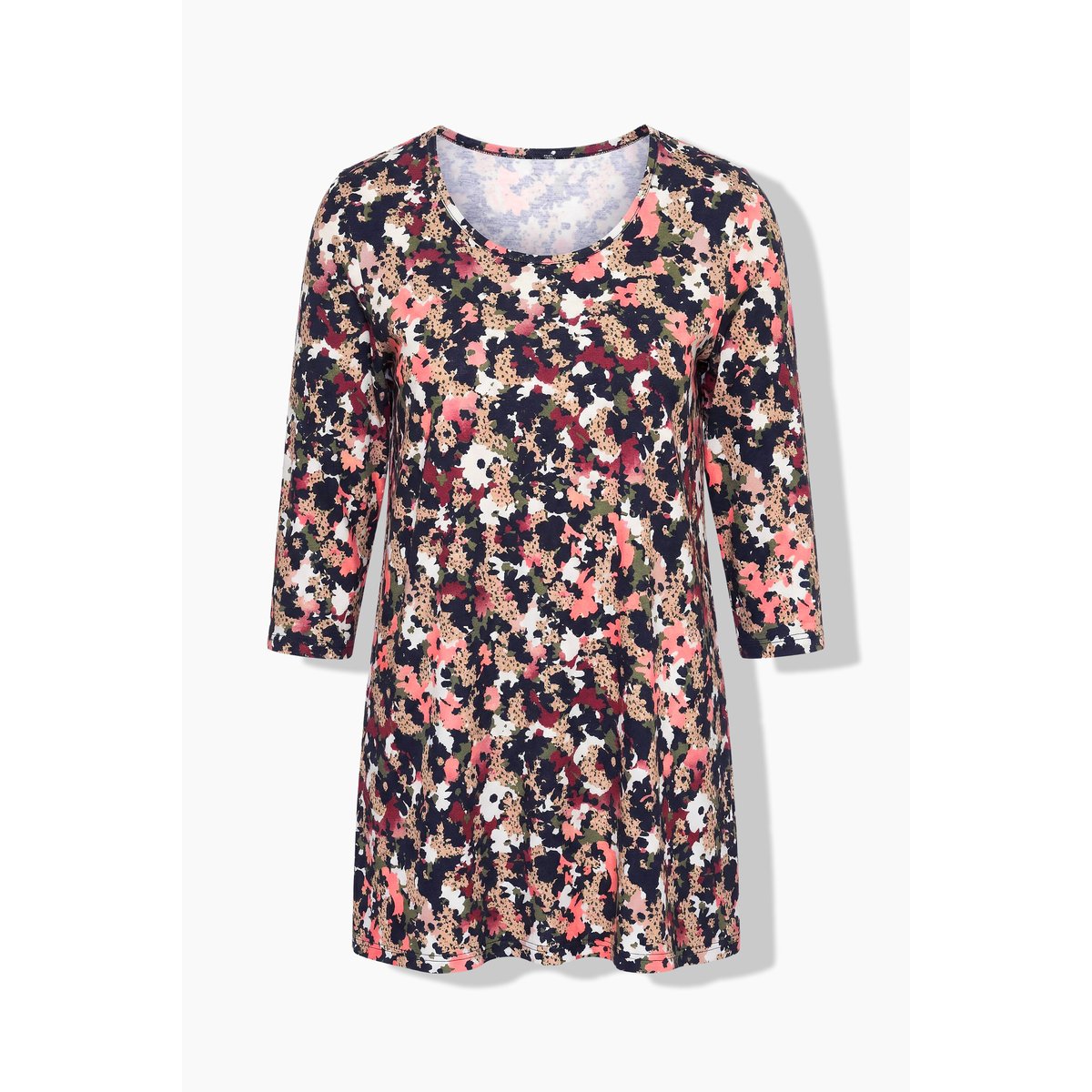 T-shirt long, fleurs, coupe en A, col rond gris olive, ULLA POPKEN