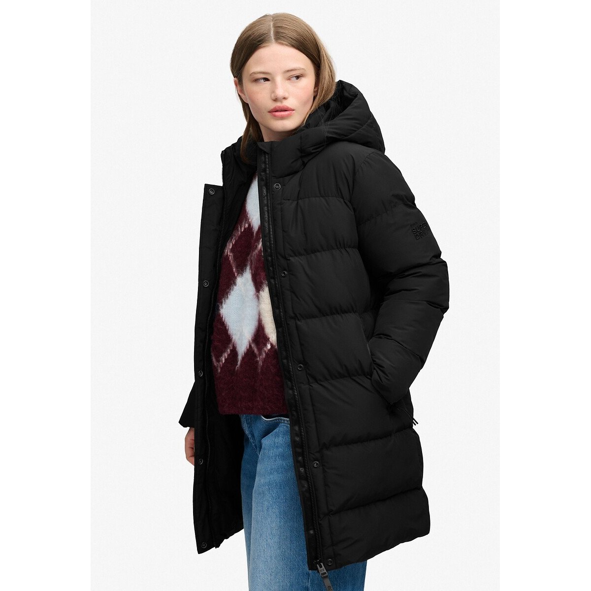 Chaqueta acolchada de largo medio con capucha Sports negro, SUPERDRY