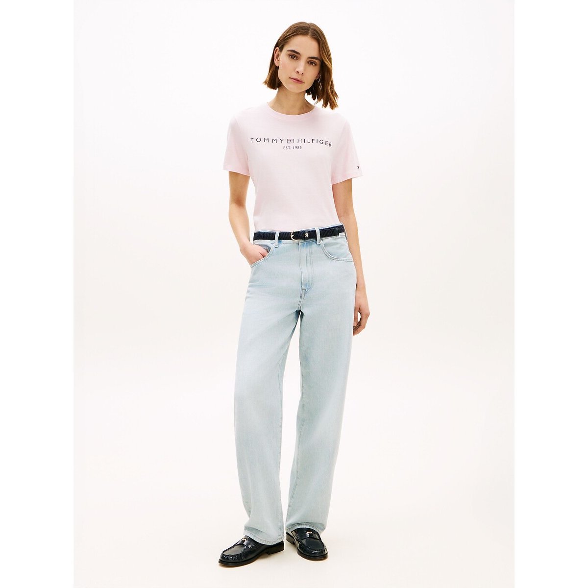T-shirt col rond à manches courtes avec logo rose clair, TOMMY HILFIGER