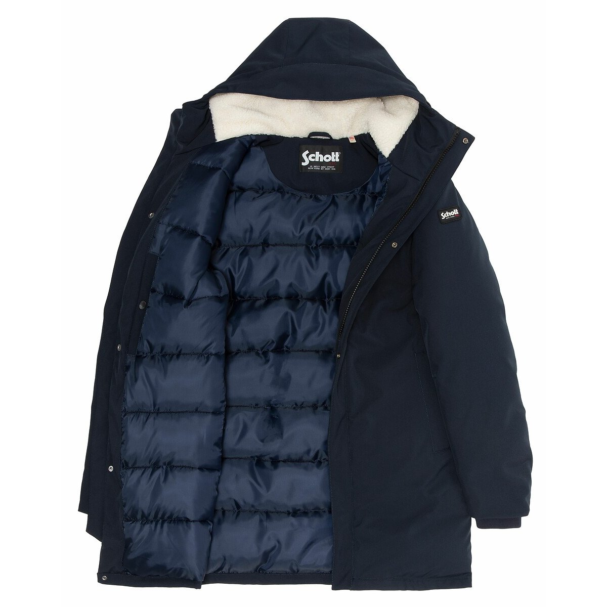 Eljin coat with padded lining and sherpa hood navy blue, SCHOTT