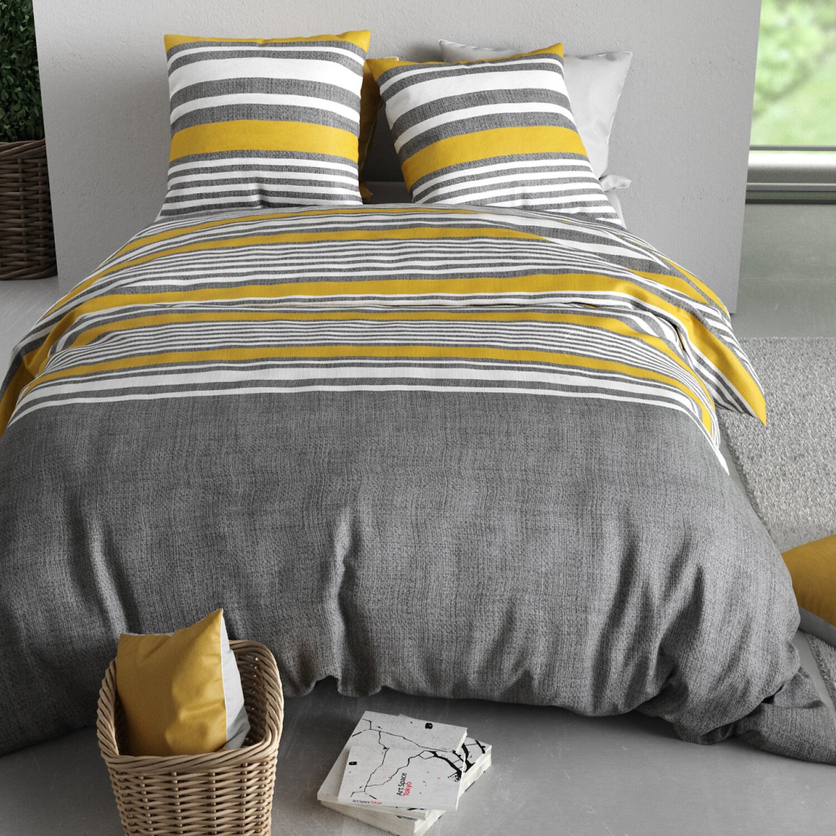 Paure coton imprimée couette et 2 taies, STUDT gris, ATELIER DU COTON