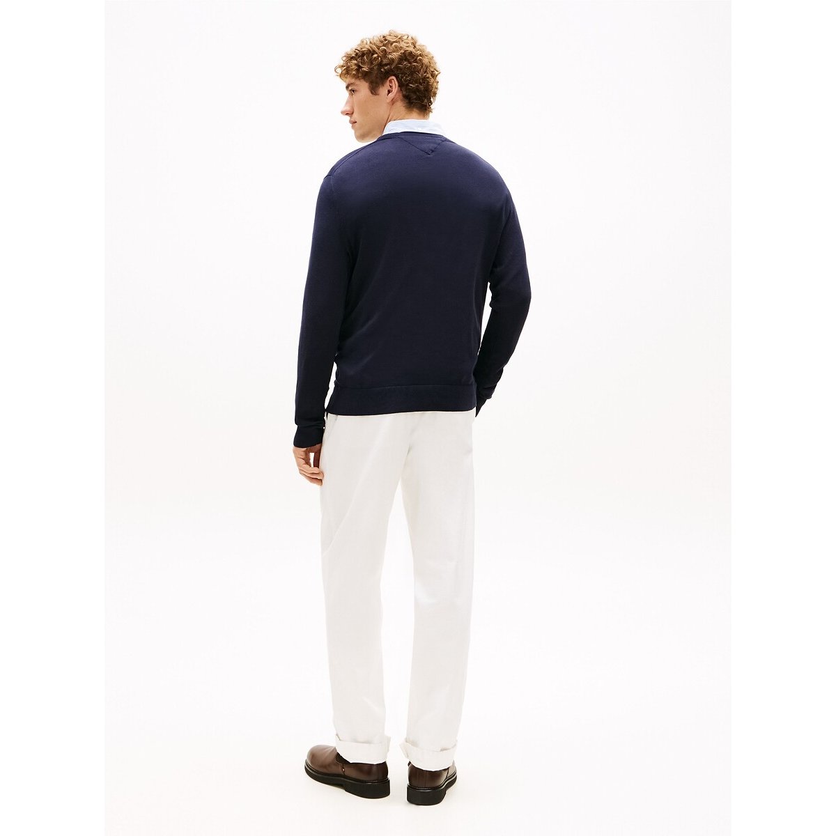 Camisola com decote em V, em malha fina marinho, TOMMY HILFIGER