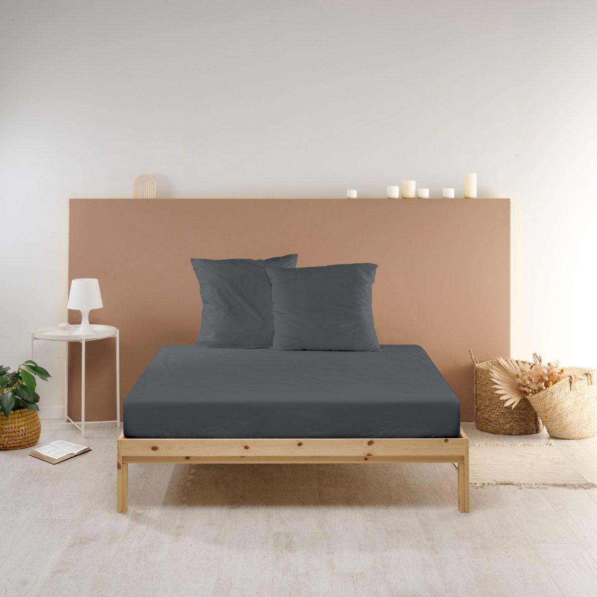 Drap housse uni PERCALE DE COTON anthracite, BLEU CALIN