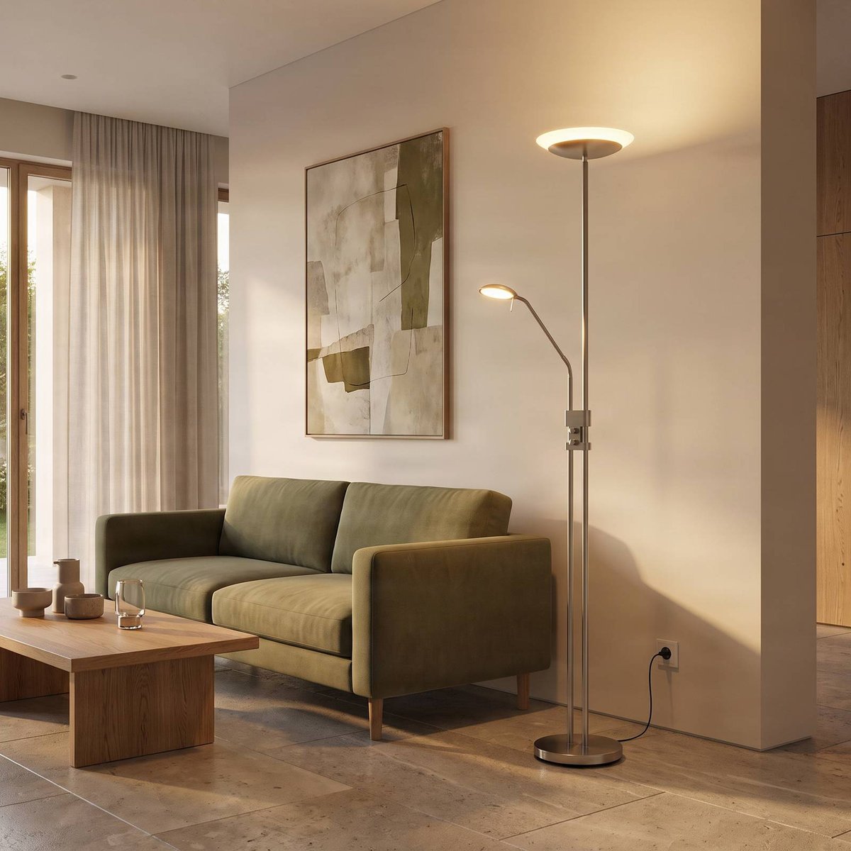 Lampadaire en métal moderneLED, Jonne nickel satiné, LINDBY