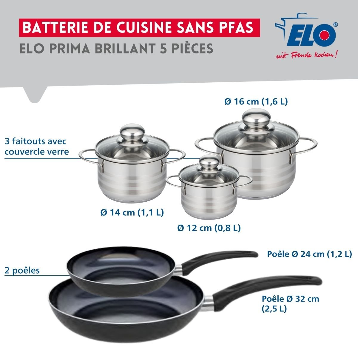 Batterie 2 poêles 24/32cm + 3 faitouts 12/14/16cm PRIMA BRILLANT noir, ELO