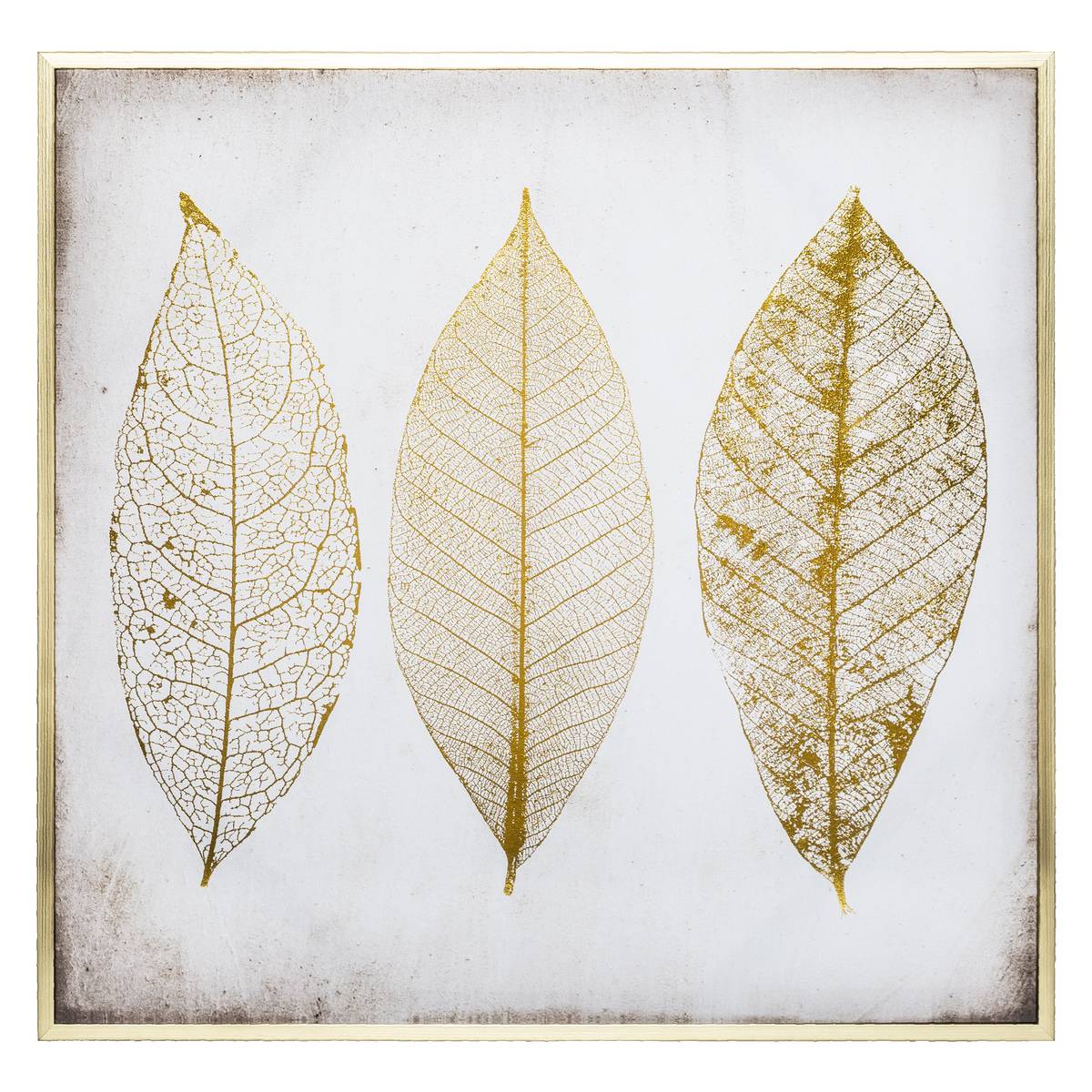 Toile imprimée FEUILLES DORÉES encadrée PLUME doré, ATMOSPHERA
