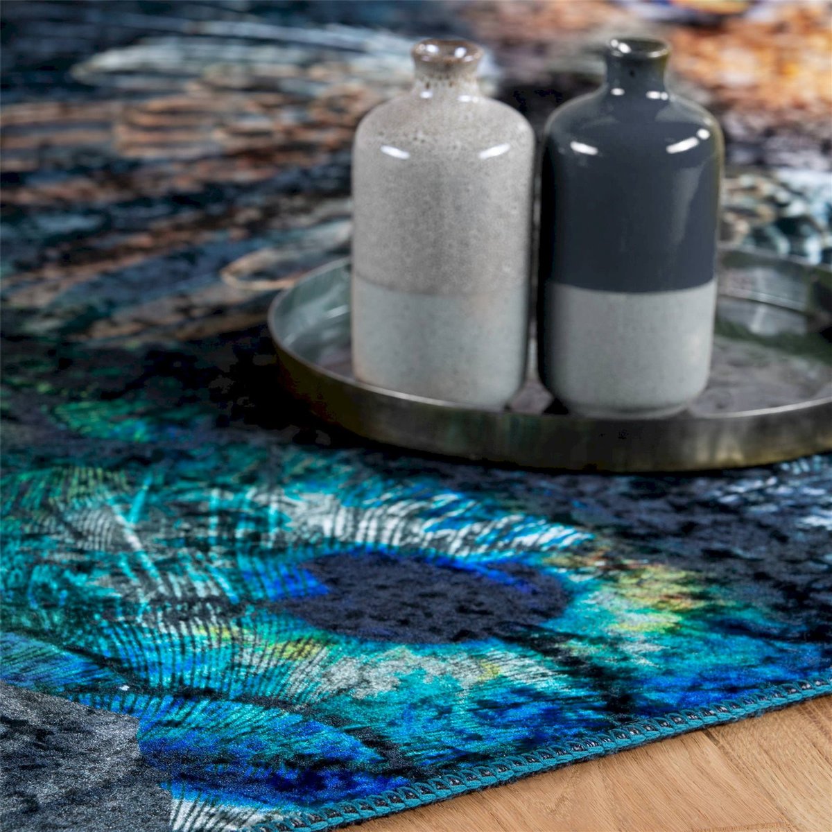 Tapis rectangulaire jacquard motif artistique multicolore fond noir bleu vert, ARTE ESPINA