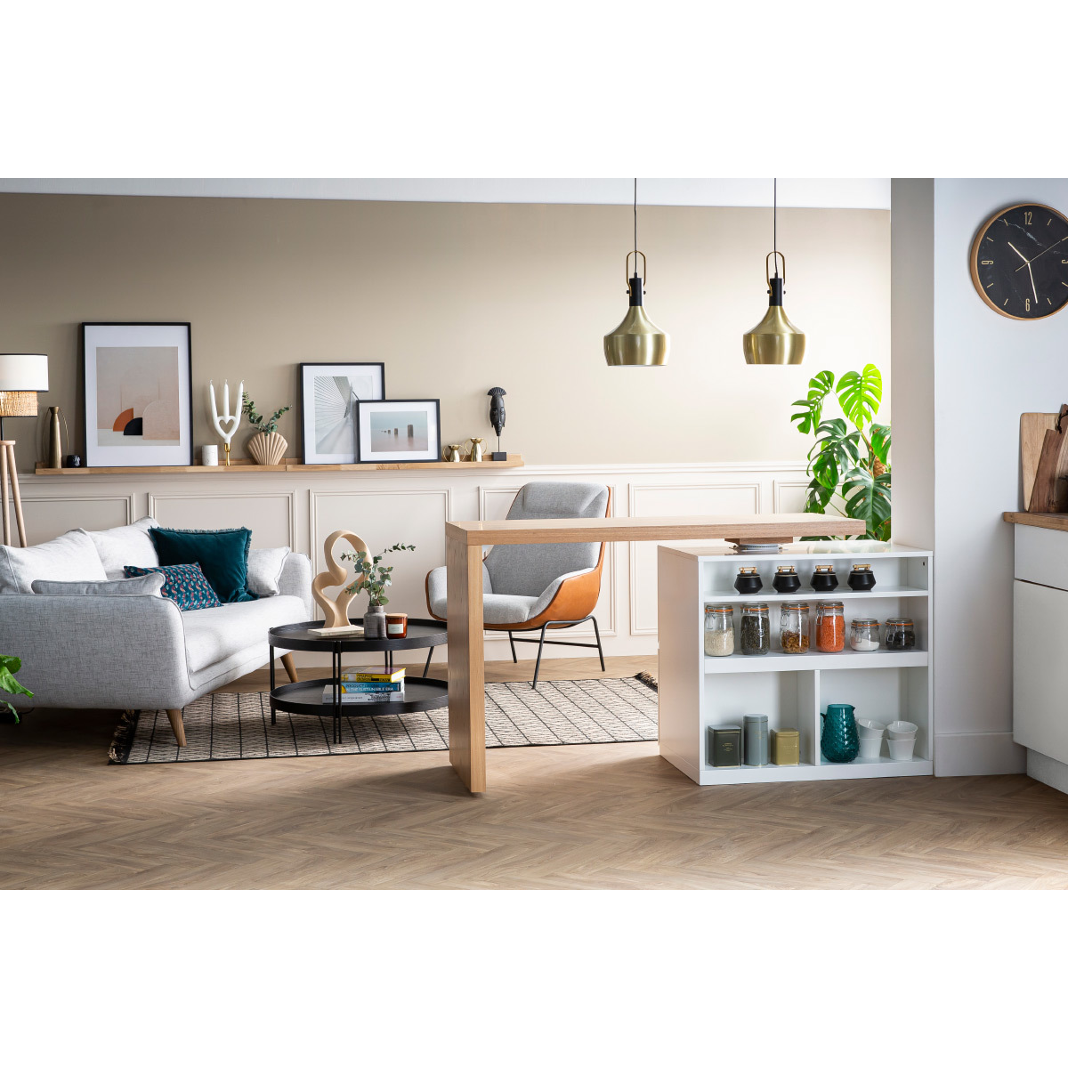 îlot - table de bar modulable avec rangement blanc mat et bois clair chêne L140-177 cm MAX blanc, MILIBOO