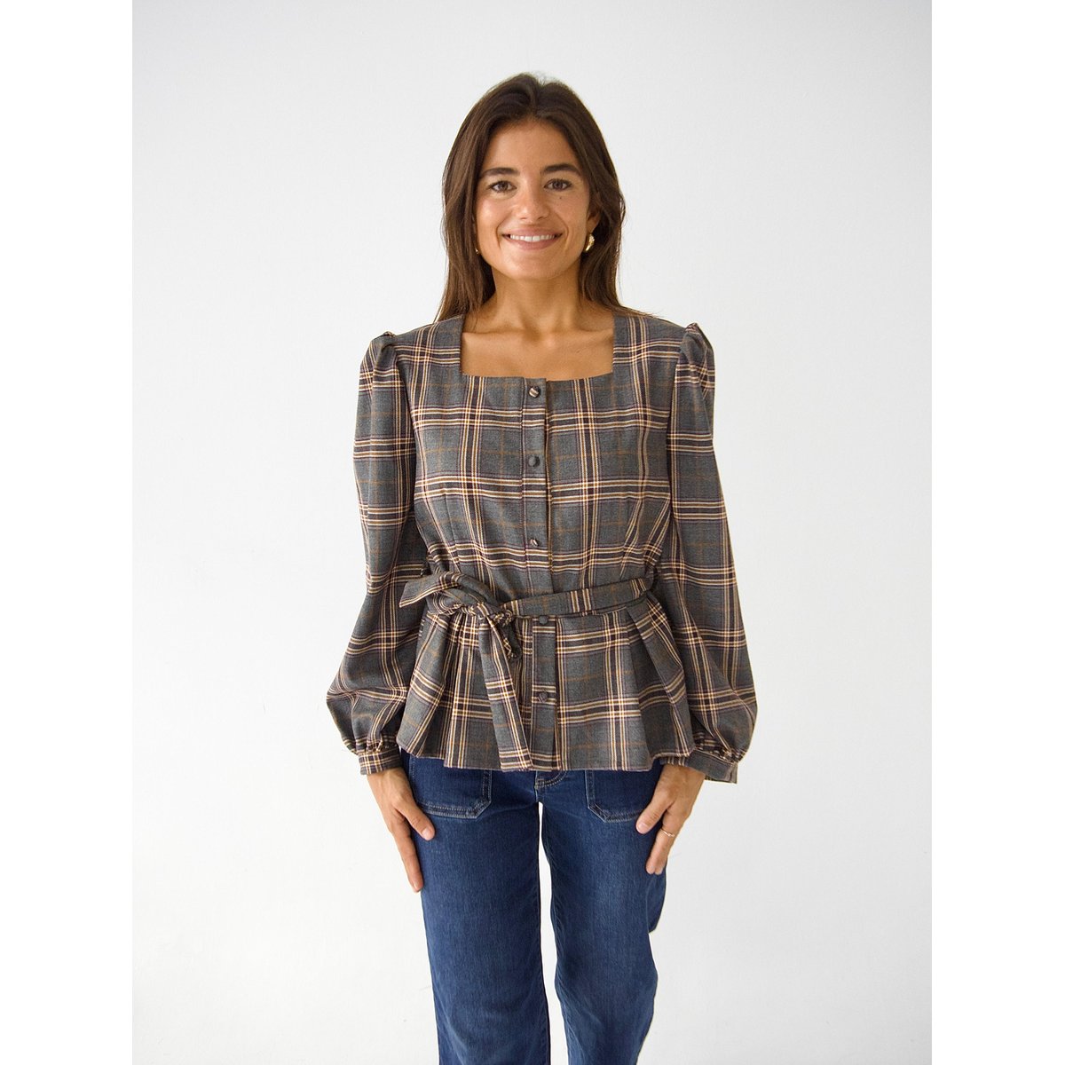 Blouse carreaux col carré BETH gris / bordeaux, MINDTRAVELER
