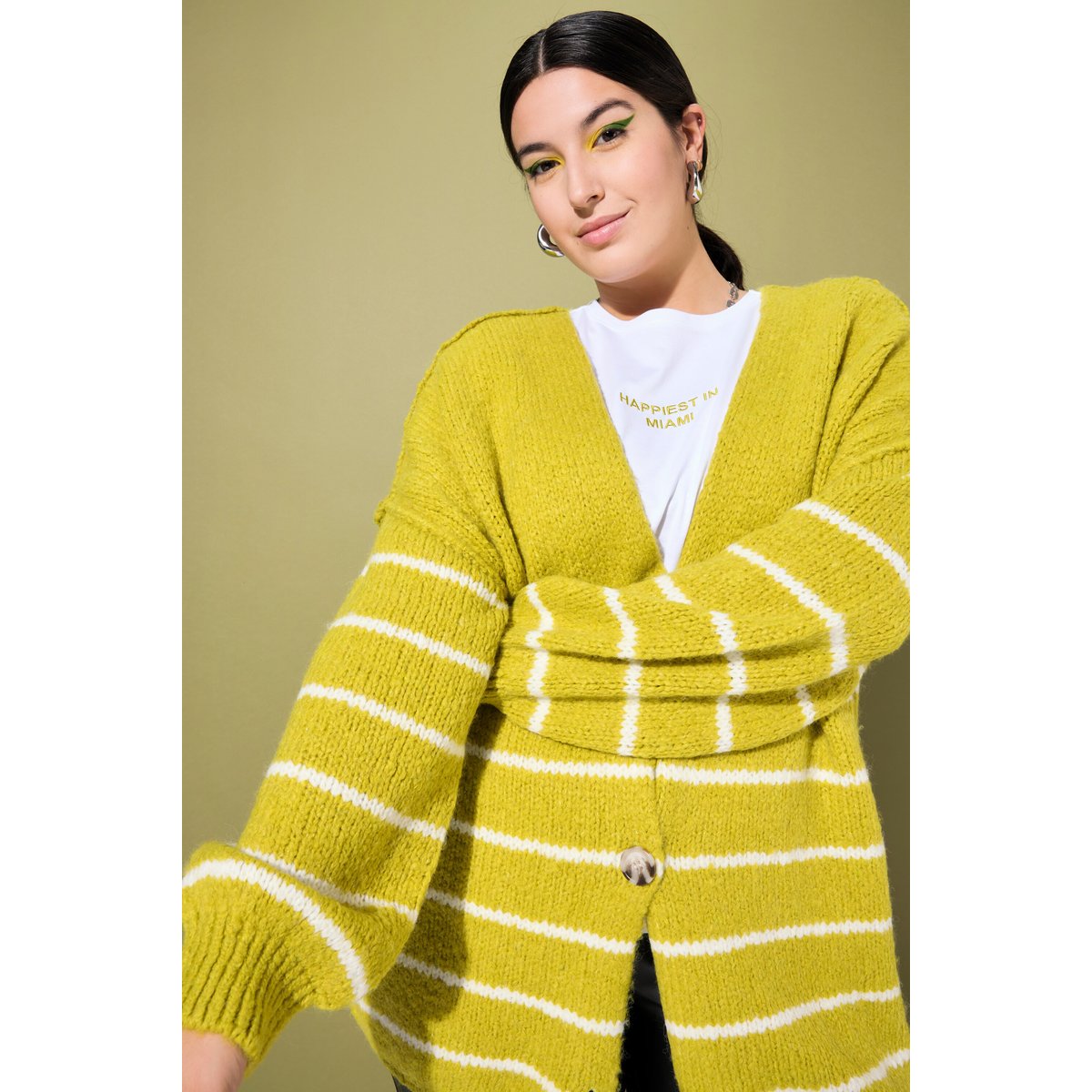 Cardigan oversize, rayures esprit marinière jaune vert, STUDIO UNTOLD