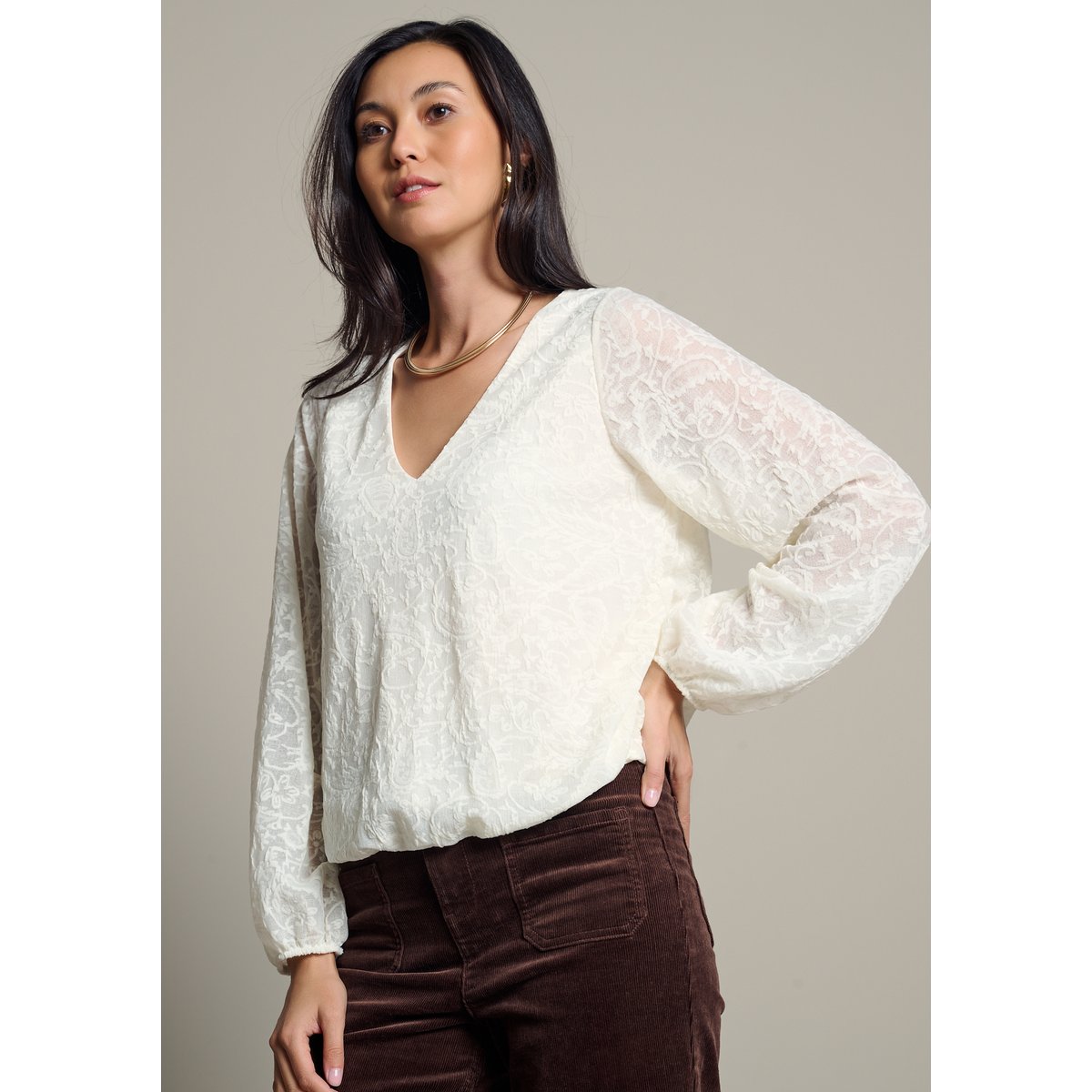 T-shirt texturé à manches longues blanc vanille, LOLALIZA